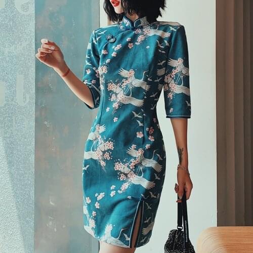 Cheongsam Chinese Dress Qipao Crane Print Chinese Traditional Dress Autumn Asian Streetwear Improve Oriental Dress 11636