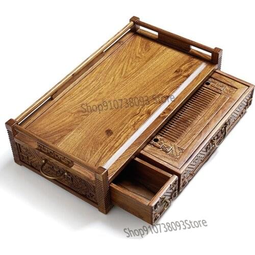 Flower Pear Wood Tea Tray Water Storage Type Tea Holder Kungfu Tea Set Solid Wood Tea Holder Multifunctional Household Tea Table