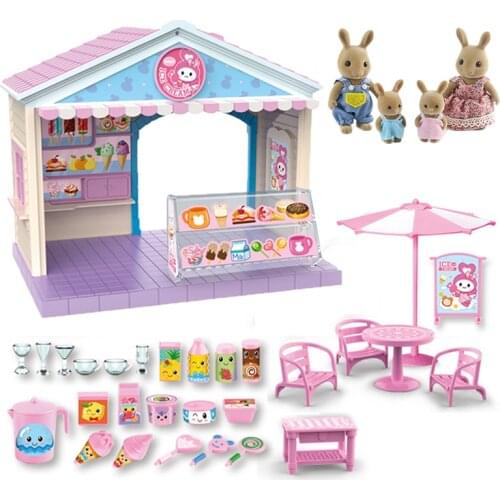 Forest Families Figures 1/12 Ice Cream House Rabbit-Family Takeaway Shop Dollhouse Play House Toy Girl Birthday Toys Gift