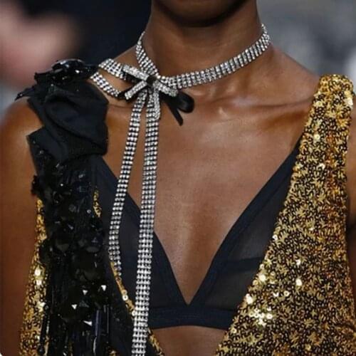 Multirows Rhinestone Long Tassel Bow Choker Necklace Clavicle Chain for Women Statement Crystal Collar Necklace Wedding Jewelry