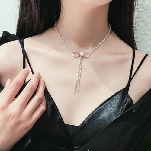 Fashion No discoloration chokers necklaces for women Black crystal White Pearl bow tassels Rhinestone Bowknot 1pcs wholesale