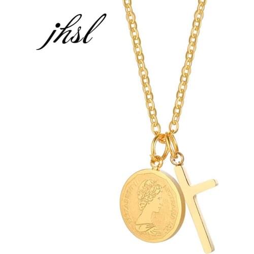 JHSL Fashion Jewelry Lady Girls Silver Color Queen Cross Pendants Necklaces for Women Stainless Steel Chain Birthday Gift