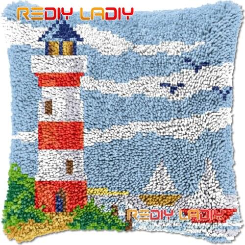 Latch Hook Cushion Red Lighthouse DIY Needlepoint Kits Chunky Acrylic Yarn Arts Crocheting Lofty Pillow Case Hobby & Crafts