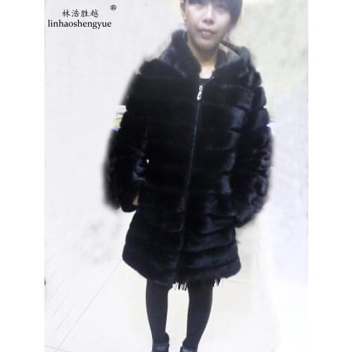 Linhaoshengyue 90CM Long Wide Mink Fur Coat with Hood