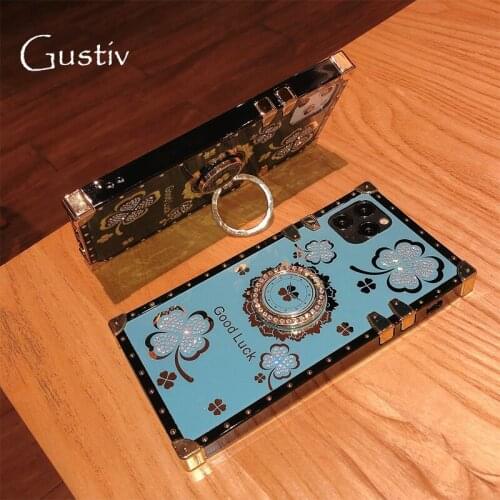 Luxury Lucky Flowers Ring Holder Phone Case For Samsung S8 S9 S10 S20 Plus Note 20 Ultra S21 S30 Plus Ultra Square Diamond Cover