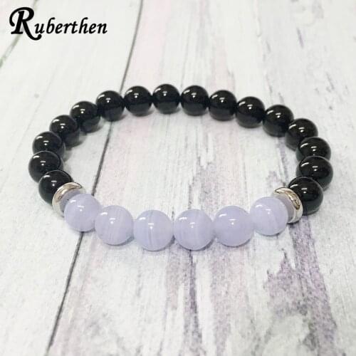 Ruberthen AAA Grand Blue Lace A-gate Bracelet Crown Chakra Crystals Natural Black Tourmaline Energy Jewelry Drop Shipping