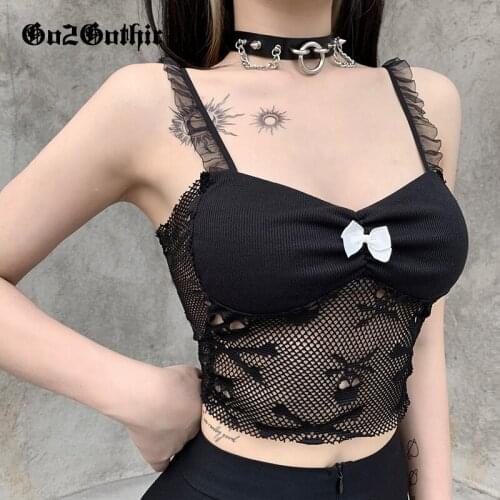 Sexy Lace Mesh Skull Camis Women Cute Tank Tops Gothic Hollow Out Bodycon Transparent Sleeveless Y2K Black Camisole Crop Tops