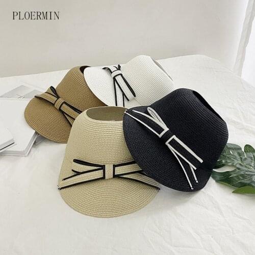 2021 Summer New Empty Top Straw Hat Beach Holiday Sun Protection All-Match Bow Visor Cap Women Wide Brim Floppy Foldable Sun Hat