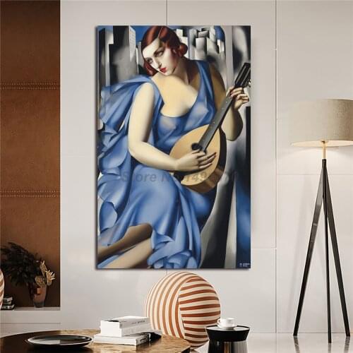 Tamara De Lempicka Painting Blue Woman With A Guitar Oil Posters And Prints Decorative Wall Art Canvas Pictures Home Decoration