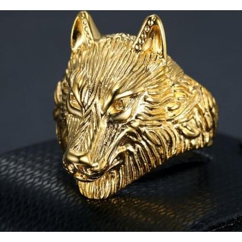 Titanium steel gold Wolf head ring for men