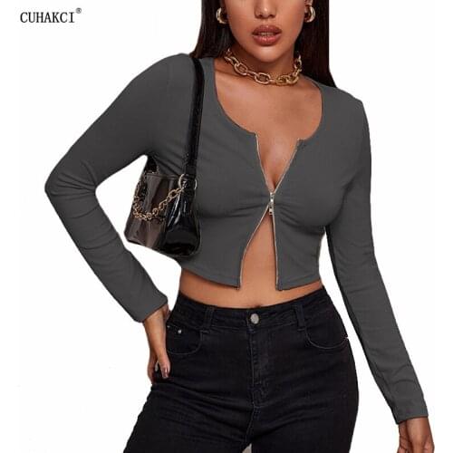 CUHAKCI Crop Tops Zipper Design Tee Sexy Female Slim Tops Women T-shirt Slim Clubwear Spring Autumn Clothes Knitted Long Sleeve