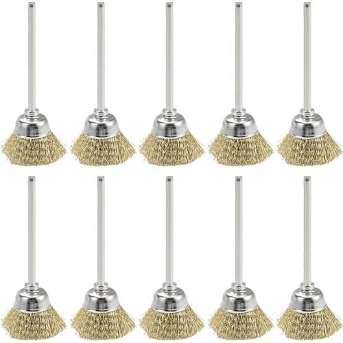 Uxcell Mini Wire Cup Brush Brass Plated Crimped Steel 20 X 9mm with 2.35mm Shank for woodworking home and industrial 10Pcs