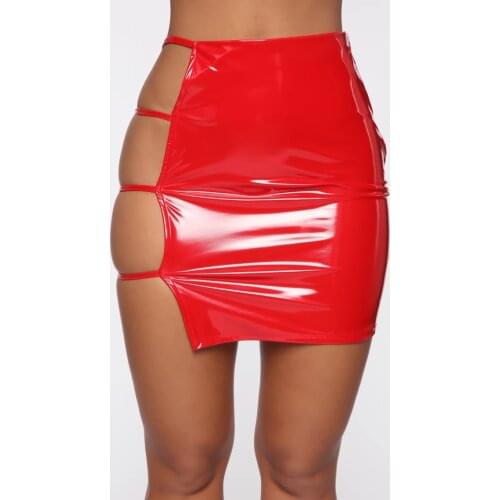 OMSJ High Waist Pencil Skirt Women 2020 Summer New Club Sexy Hollow Out Red Skirt PU Leather Bodycon Neon Green Mini Skirts