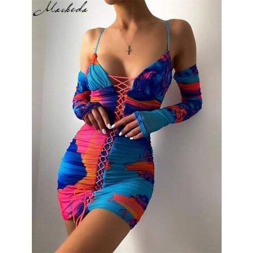 Macheda Autumn Fashion Printing Sling Dress Women Sexy Slim Sleeveless V Neck Lace Up Street Party MIni Bodycon Dresses Lady