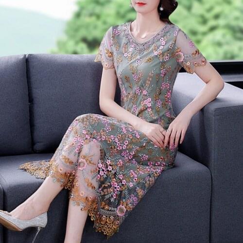 2021 summer temperament women Boho Floral Embroidery Lace Mesh Dresses Fashion Dress Casual dress Vestidos