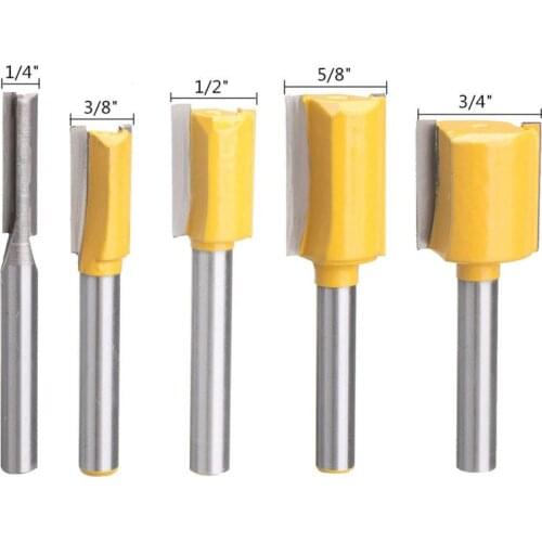 5Pcs 1/4'' Shank Straight Router Bit Set 1/4" 3/8" 1/2" 5/8" 3/4" Turning Lathe Woodworking Tool