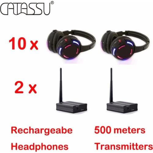 500m LED wireless silent disco headphone 10 headphones plus 2 transmitters package