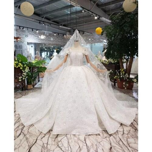 BGW HT42830 Ball Gown Wedding Dress With Wedding Veil Puff Sleeve Lace Up Back Boat Neck Handmade Bead Bridal Dressing Gown