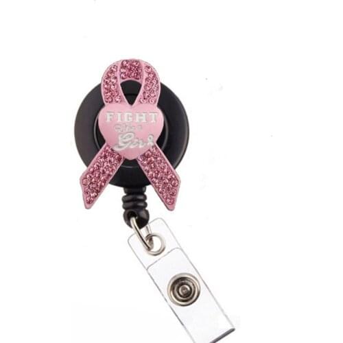 Bling Rhinestone Pink Ribbon Badge Reel Metal Heath Retractable ID Badge Holder Breast Cancer Awareness