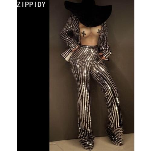 Flashing Silver Striped Sequin Jacket Pant 2-Piece Outfit Women Dance Evening Singer Wear Birthday Celebrate Suit Set