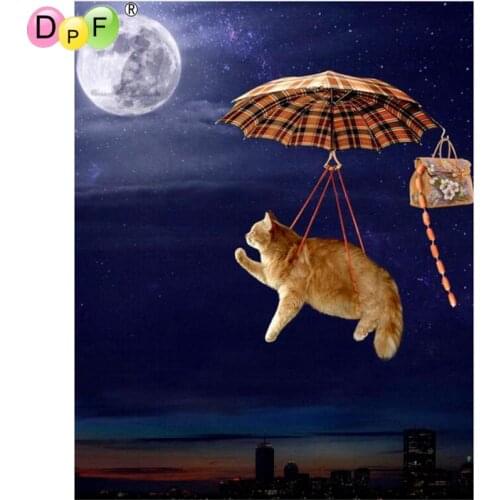 DPF 5D diamond painting cross, needlework "Fly Cat to Moon" Round Stone full of the picture,diamond cross stitch Home Wall Decor