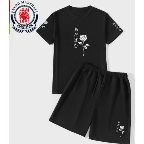 FREDD MARSHALL 2021 Summer New Fashion Rose Print Two Piece Sets Men Short Sleeve T Shirt + Short Pant Casual Sports Sets TZ3004
