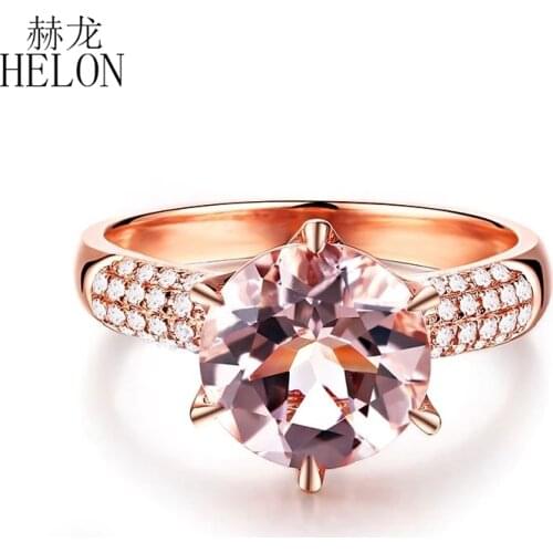 HELON Flawless Certified Round 9mm Morganite Ring Solid 14K Rose Gold Natural Diamond Engagement Wedding Ring For Free shipping