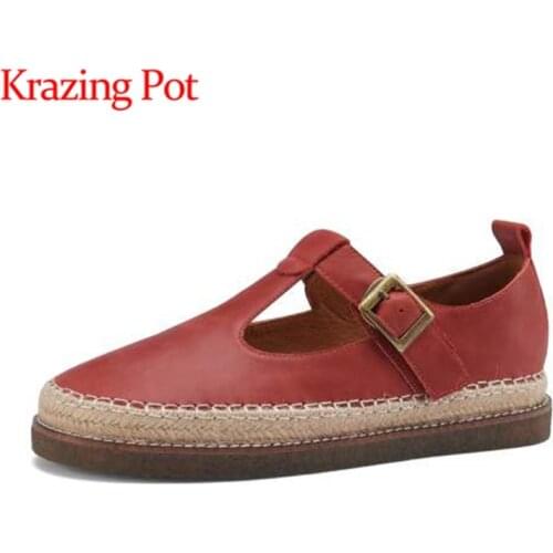 Krazing Pot new genuine leather round toe solid vintage preppy style high fashion metal fasteners buckle straps women flats L19