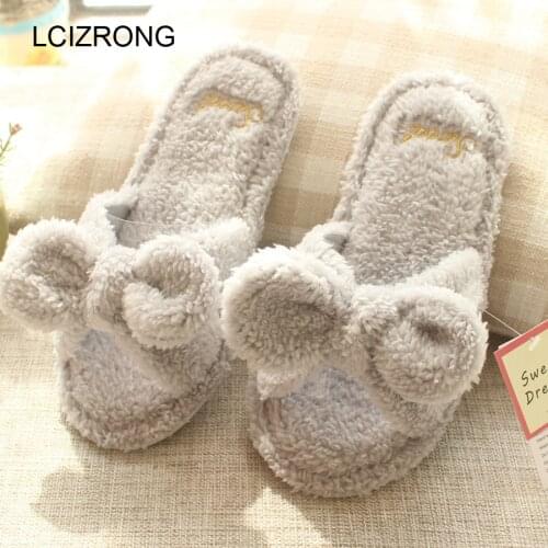 LCIZRONG Cute Butterfly-knot Plush Home Slippers Women Soft Comfortable Ladies Slippers Non-slip Family Slippers 2018 Spring