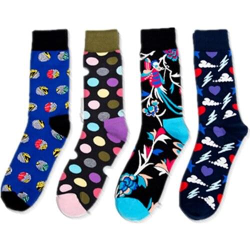 Peonfly Combed Casual Cotton Mens Tend Harajuku Street Hip Hop Funny Happy Circular Point Magpie Pattern Long Socks Men