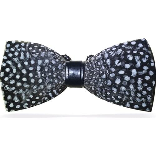 Mens Creative Feather Bow Tie, Black with White Dots, Hand Made, with Gift Box Luxury for Wedding Party Business Dress Best Man