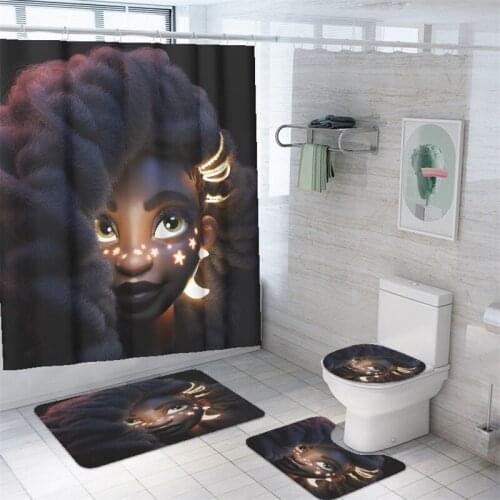 Bathroom Decor with Hooks Waterproof African Black Girl Women Shower Curtain Set 4PCS Non-Slip Rug Toilet Lid Cover and Bath Mat