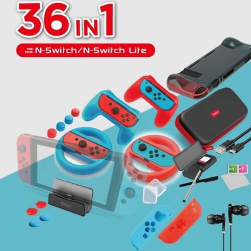 36-in-1 Storage Bag Set for Nitend NS Switch with Case Charger Caps Hand Grip Steering Wheel Tempered Film Game Card Box Cable