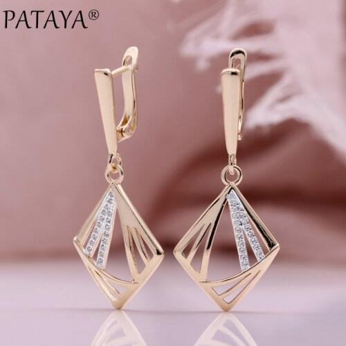 PATAYA New Square Long Dangle Earrings 585 Rose Gold Party Hollow Women Unique Earrings Natural Zircon Office Fashion Jewelry