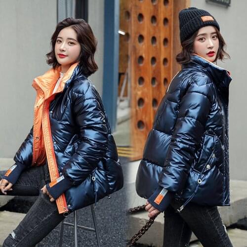 2021 Autumn Womens Winter Coats Fashion Glossy Stand Collar Parkas Winter Jacket Women Shinny Padded Cotton Coat