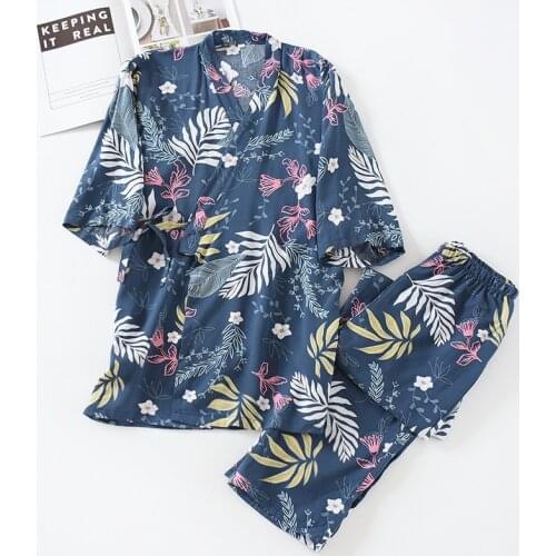Japanese Kimono Cotton Pajamas Set Ladies V-Neck Printed Pyjamas Summer Short Sleeve+long Pants Two-piece Thin Casual Homewear