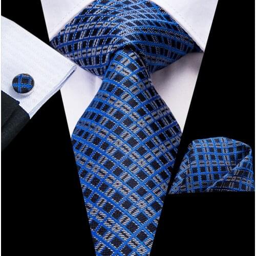 Hi-Tie Blue Black Plaid Gift Tie For Men Silk Wedding Necktie Handky Cufflinks Set Fashion Designer Business Party Dropshipping