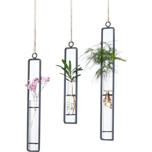 Hanging Glass Planter Iron Art Hydroponic Vase Transparent Test Tube Flower Bottle Pot Container Home Garden Decoration