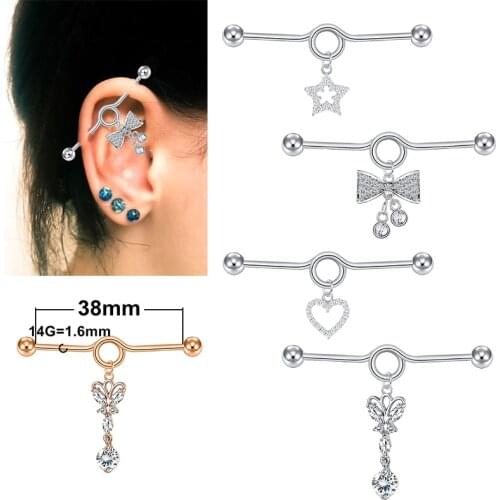 14G Lndustrial Earrings Stainless Steel Love, Five-pointed Star, Bow, Butterfly Point White Diamond,Industrial Piercing Jewelry
