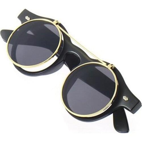 Punk Style Round Shape Clamshell Sunglasses Resin Lens Fashion Design Round Flip Up Goggles Classic Retro Men Women Goth Glasses