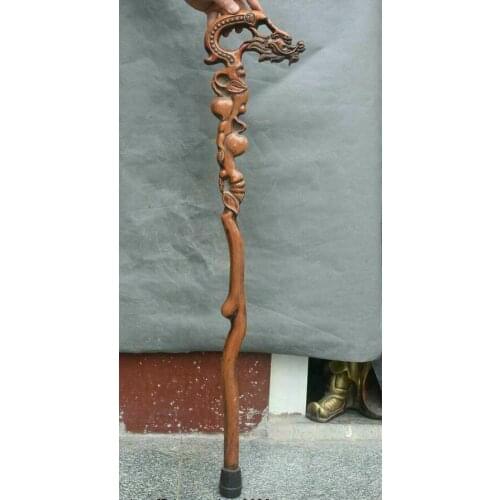 Old China Boxwood wood Hand carved Dragon head Crutch Cane Walking stick statue