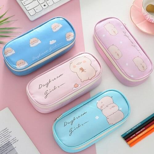 Cute large capacity cartoon pig pet pattern school student zipper pencil bag kawaii pencil case pouch stationery supplies
