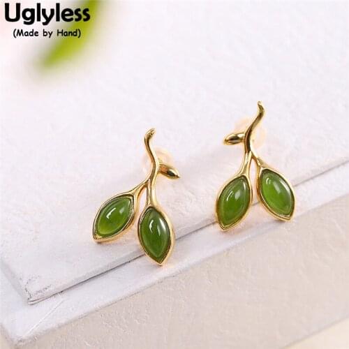 Uglyless Natural Green Jade Jasper Leaves Studs Earrings for Women Water Drop Gemstones Earrings 925 Silver MINI Brincos Gold