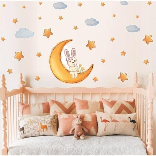 Cartoon Rabbit Moon Star Vinly Wall Sticker DIY Animal Kids Rooms Home Decor Mural Poster Wallstickers