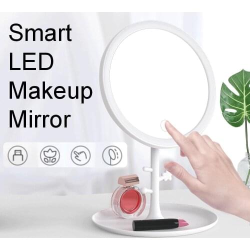 LED Makeup Mirror With Light Ladies Storage Makeup Lamp Desktop Rotating Vanity Mirror Round Shape Cosmetic Mirrors for Bedroom