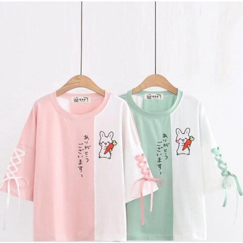 Women Shirt Harajuku Embroidery Rabbit Carrot Shirt Lolita Mori Girls Kawaii Junior Student Women Shirt Summer Tops