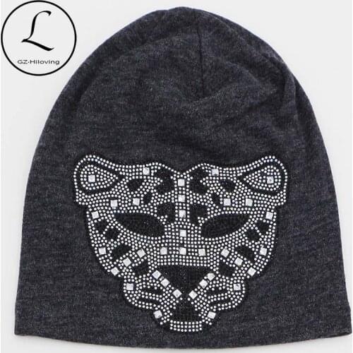 2017 New Rhinestone Oversized Beanie Hats For Women Girls Leopard Cotton Polyester Beanie Hats For Women Winter Knit Beanies Hat