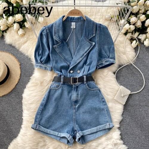 Women Retro Denim Rompers Korean Notched Puff Sleeve Belt Jumpsuits 2021 Summer Chic Streetwear Wide Leg Short Rompers