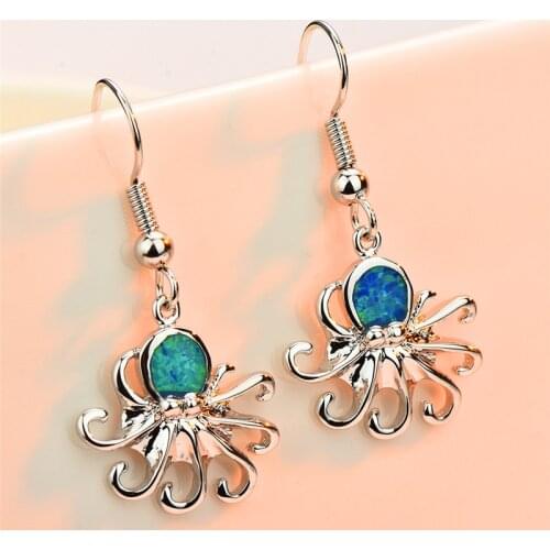 Female Cute Squid Dangle Drop Earrings 925 Sterling Silver Filled Round Blue Fire Opal Earrings For Women Cuttlefish Earrings