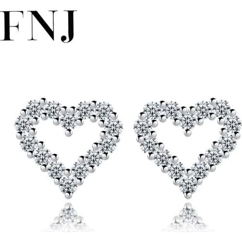 FNJ Heart Earrings 925 Silver Jewelry Original Pure S925 Sterling Silver Stud Earring for Women White Cubic Zircon